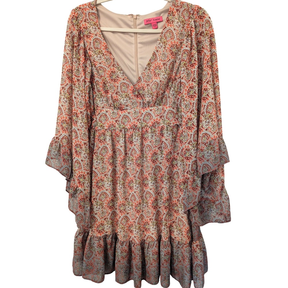 Betsey Johnson Paisley Mini Dress V-Neck Bell Sleeve Boho Ruffle size 10